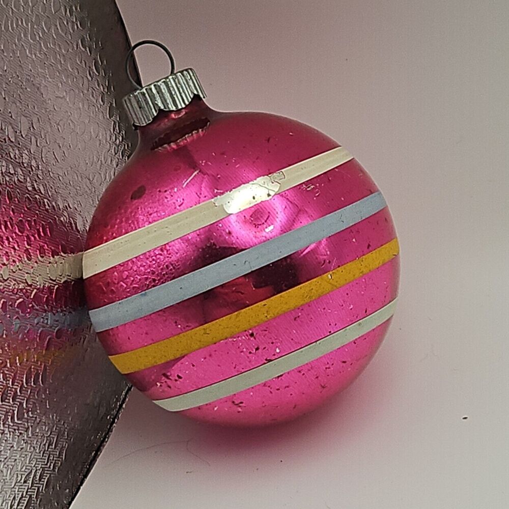 Vtg Shiny Brite Christmas Ornament Ball Hot Pink White Yellow Stripes 1950